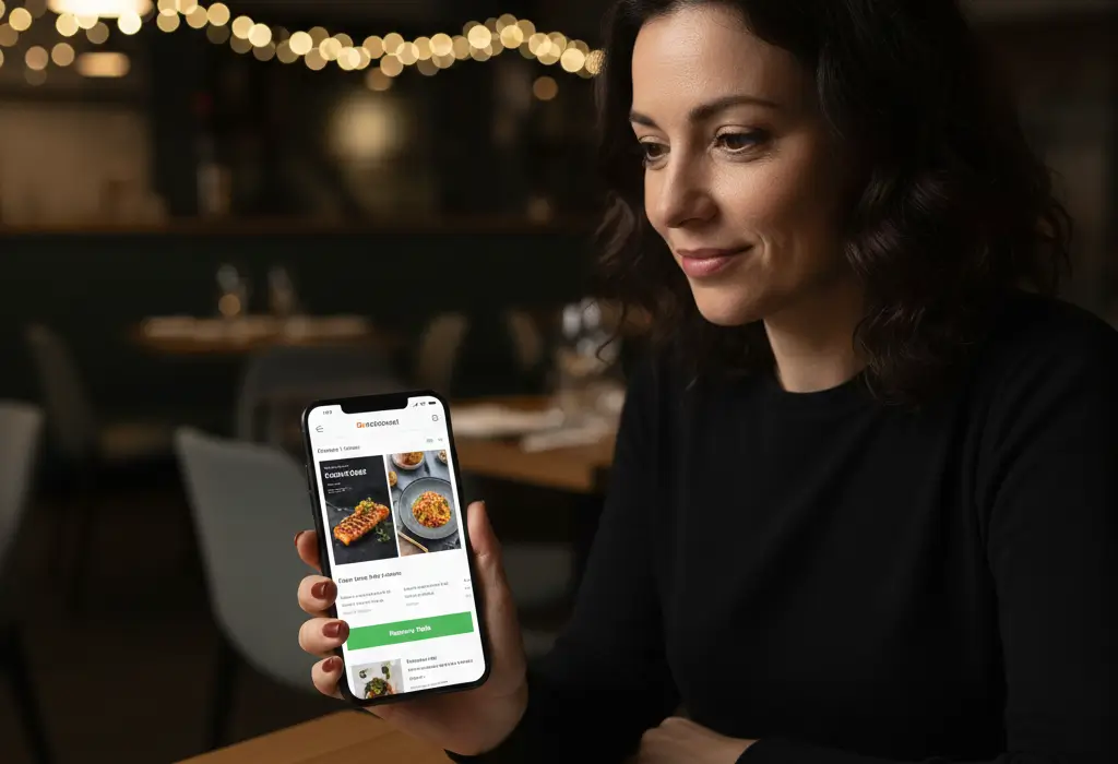 Diner impressed by a professional restaurant website with clear menus, reviews, and booking options.