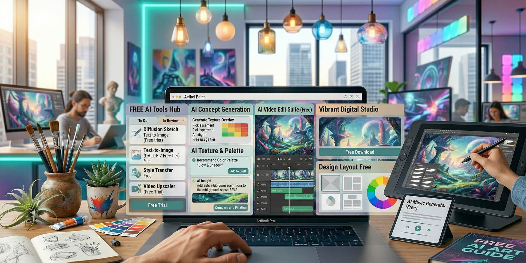 Artist using free AI tools to create digital art and designs in a modern studio