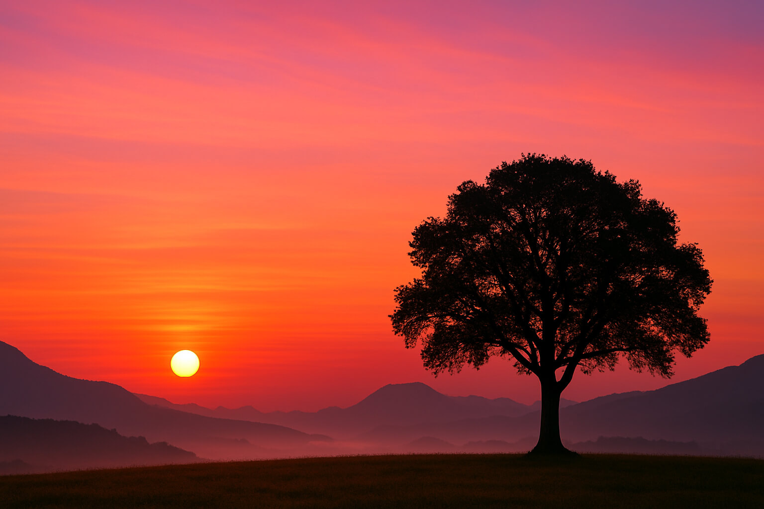 Silhouette of tree and mountains at sunrise with colorful sky and soft morning mist.