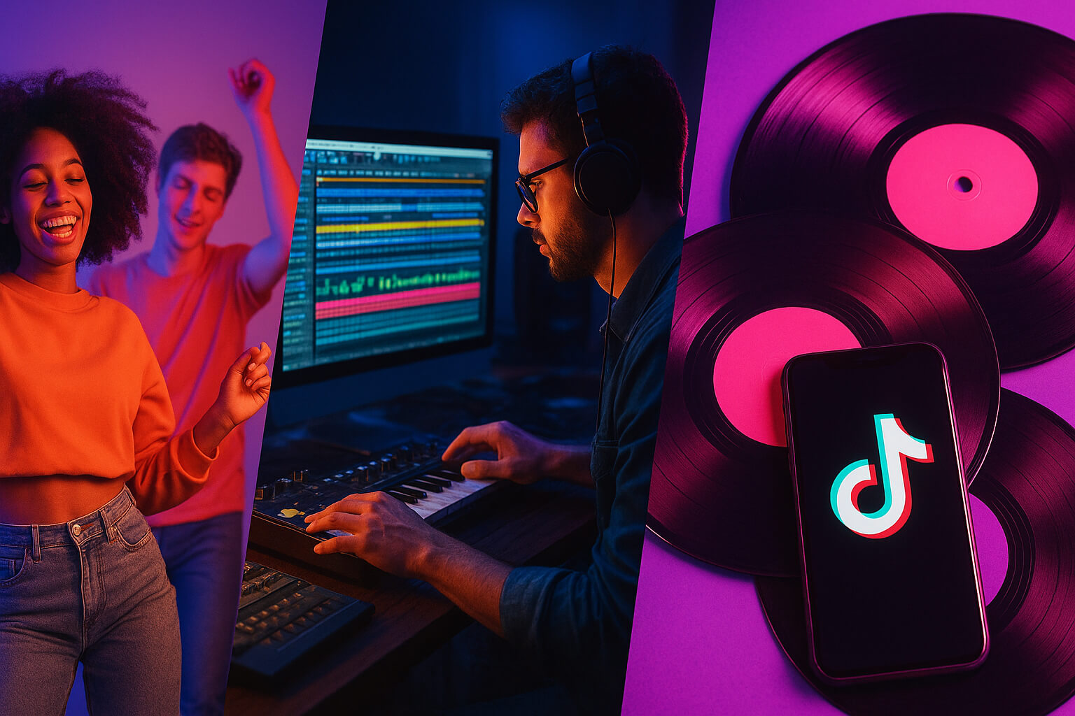 Collage of TikTok’s impact on the music industry with creators, producers, and old vinyl records.