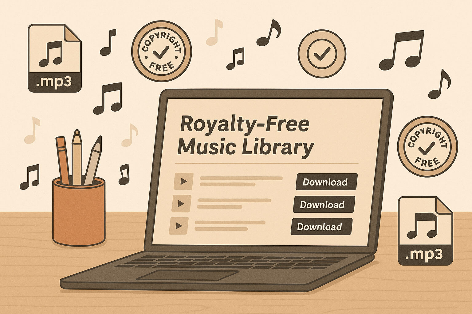 Laptop screen showing a royalty-free music library with MP3 download buttons, surrounded by floating music file icons and copyright-free badges.
