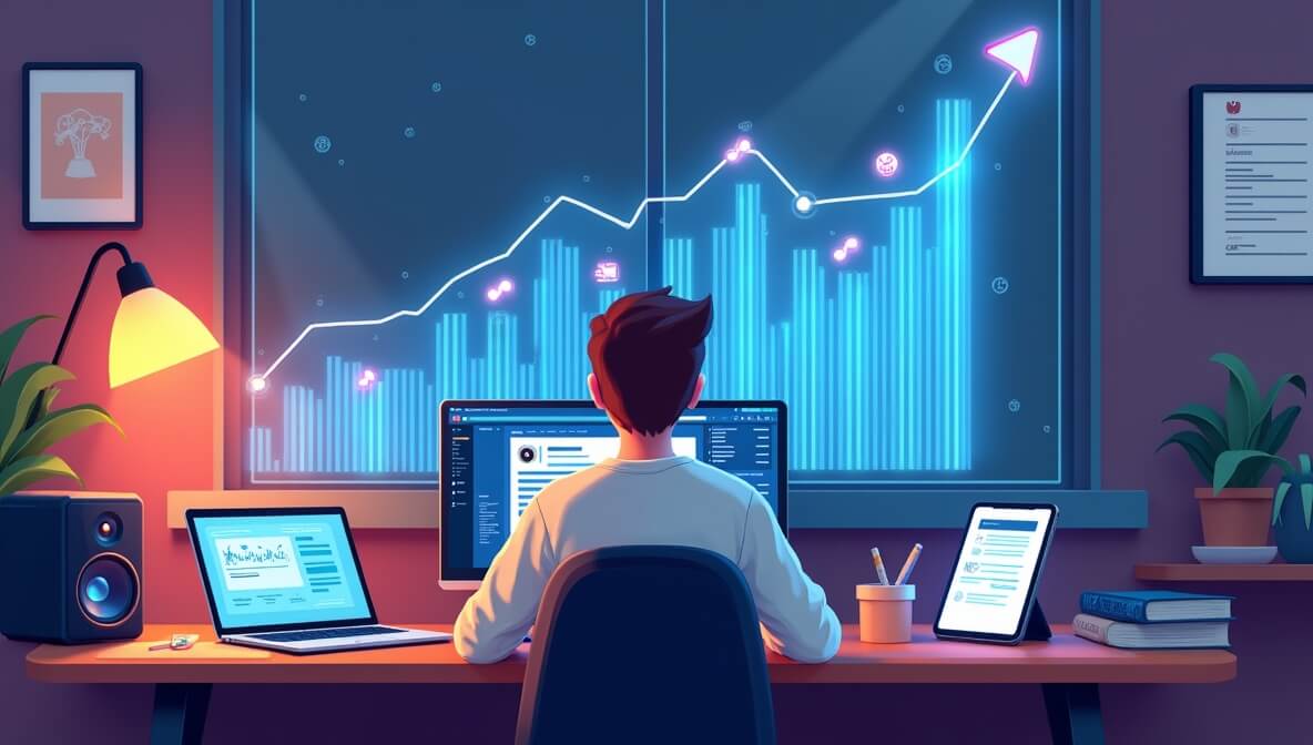 Musician in a home studio managing income from streaming royalties, merch sales, sync licensing, and social media platforms.
