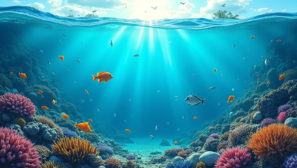A split ocean scene showing the contrast between a healthy marine ecosystem and polluted waters filled with plastic waste.