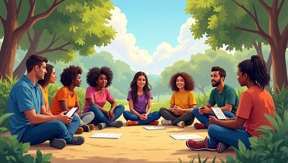 A diverse group of community members gathered in a circle, discussing ideas and collaborating for local social change initiatives.