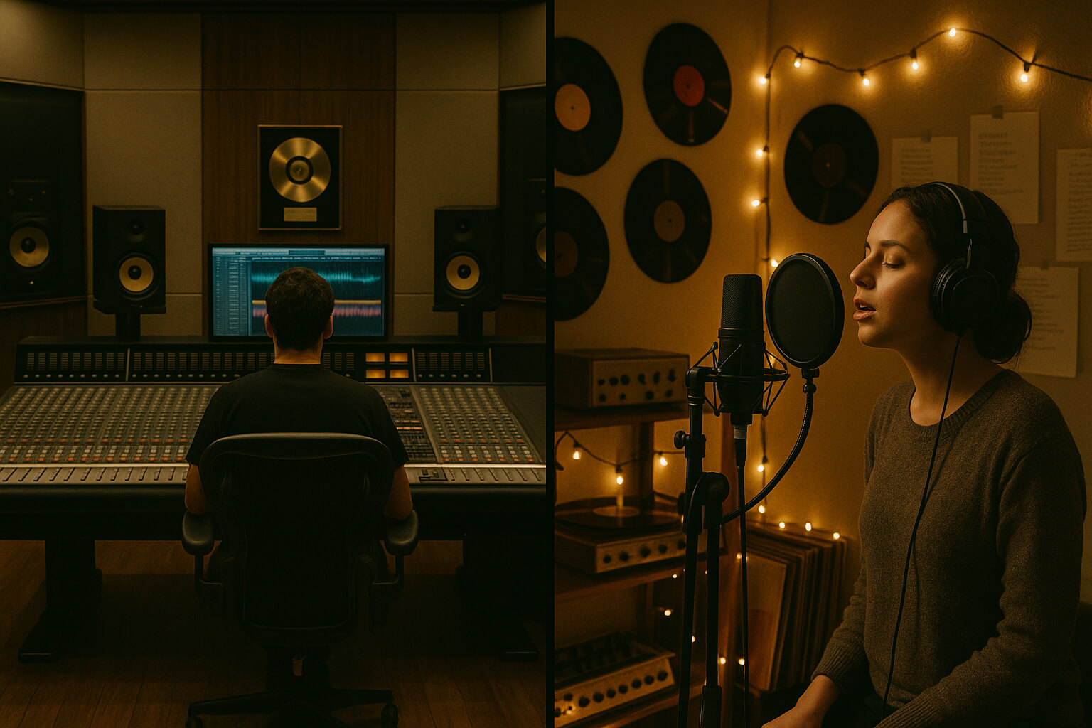Side-by-side contrast of a major label studio and an indie home studio, showing the difference in scale, equipment, and artistic atmosphere.