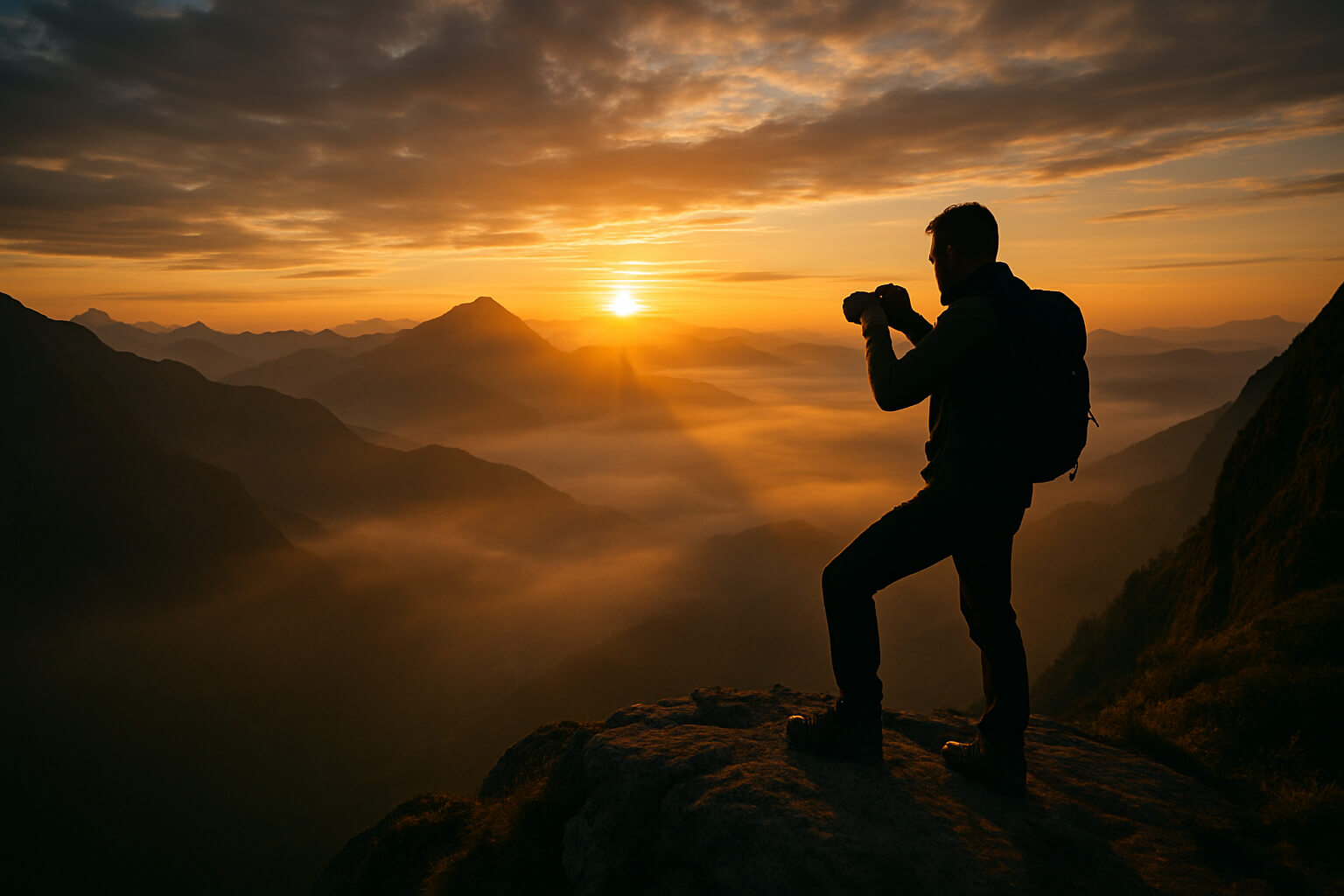 Adventure photographer on a mountain peak at sunrise capturing dramatic landscape views.