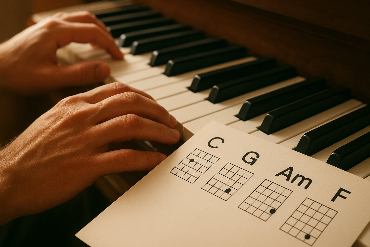 Overhead view of piano with chord chart sheet and hand ready to play chord