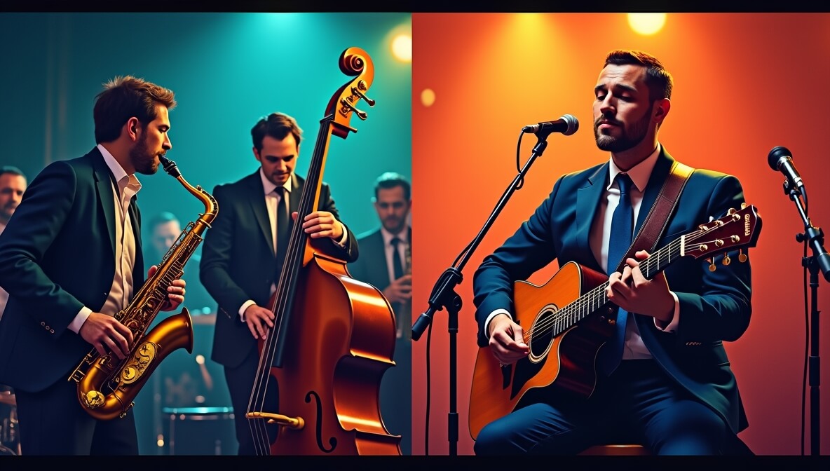 Jazz band with brass instruments compared to a blues guitarist, highlighting the difference in styles.