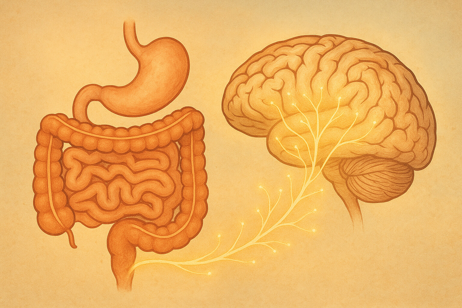 Illustration of the gut-brain connection showing the digestive system linked to the brain with neural pathways, symbolizing holistic wellness.