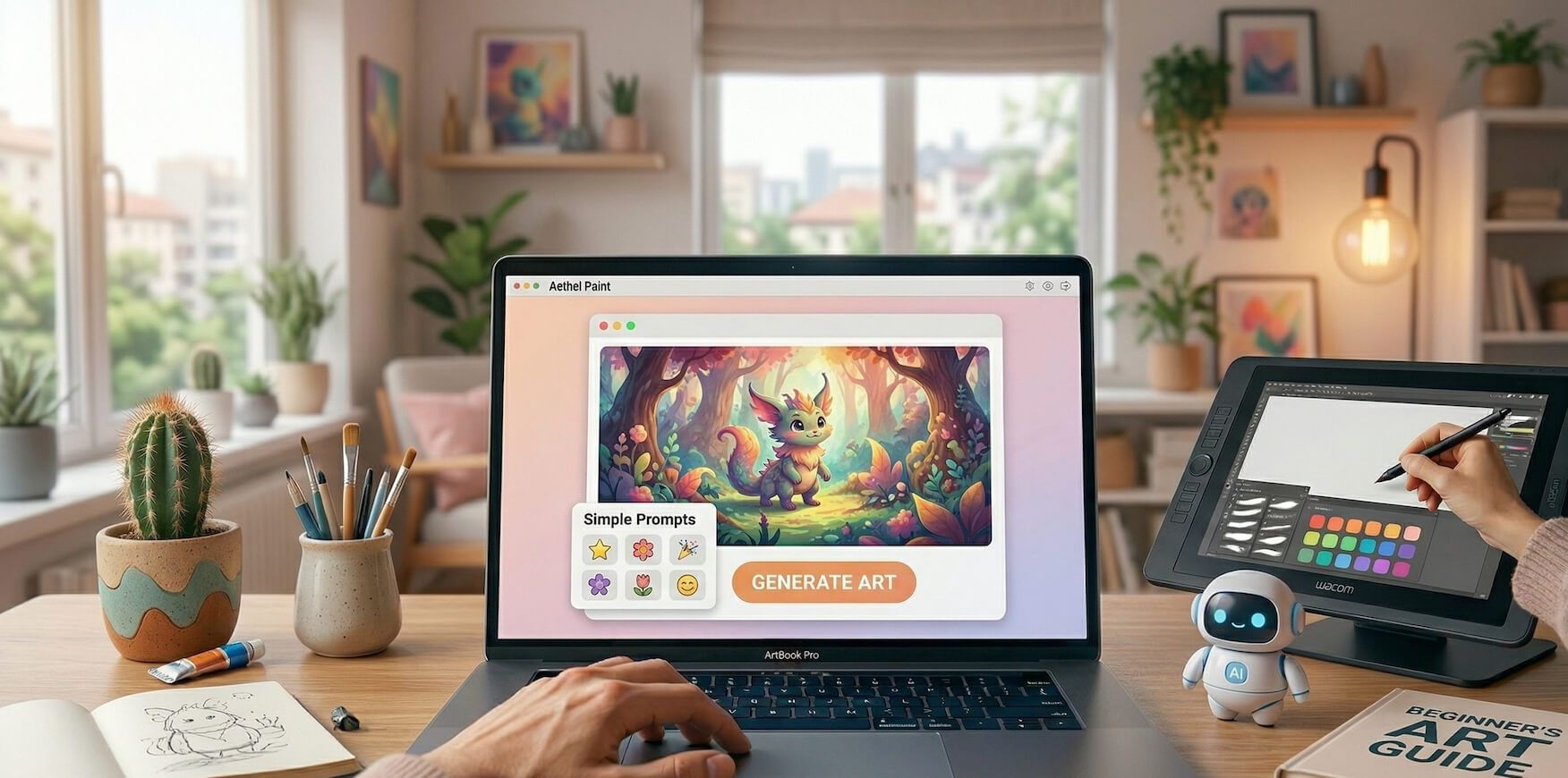 Beginner artist creating digital artwork using AI tools on a laptop