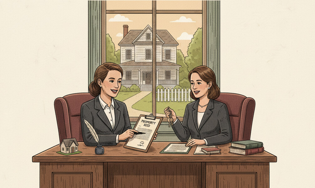 Couple reviewing a property deed with a real estate attorney in a bright office.