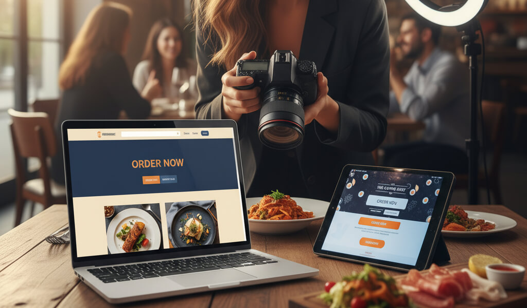 Local food influencer photographing dishes at a restaurant with laptop and tablet showing website and online ordering.