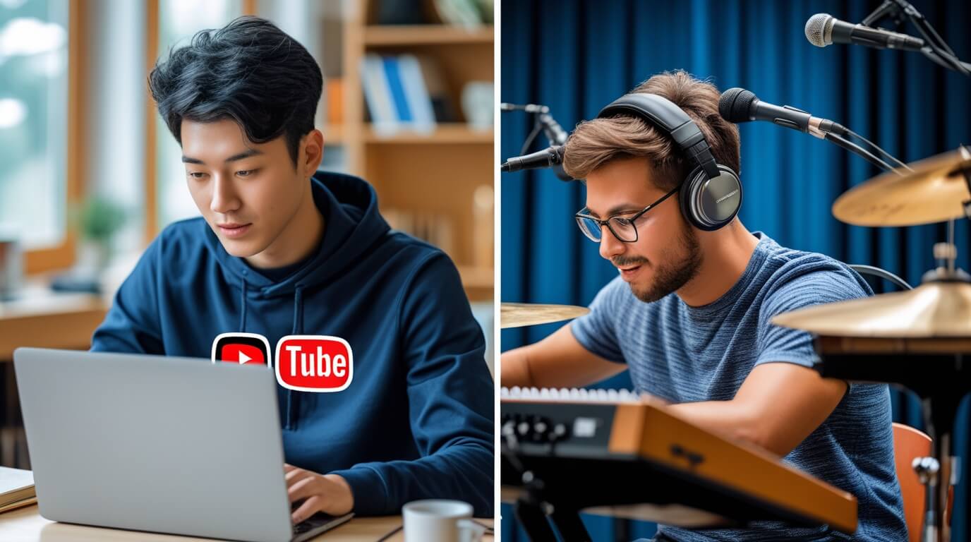 Split-screen image of a self-taught musician learning online and a student receiving in-person music lessons, highlighting different learning approaches.