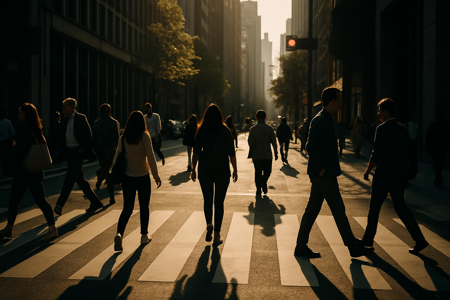 Candid street scene showing people walking across a city street with natural light and urban details in the background