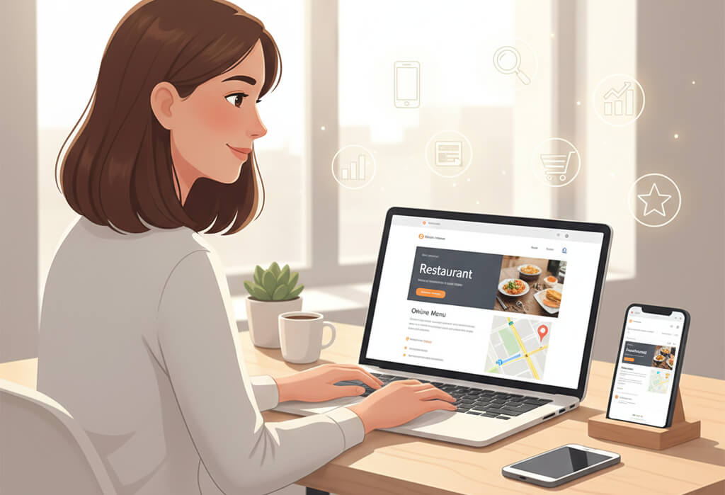 Restaurant owner reviewing a simple, future-proof website with online menu, reservations, and mobile-friendly design.