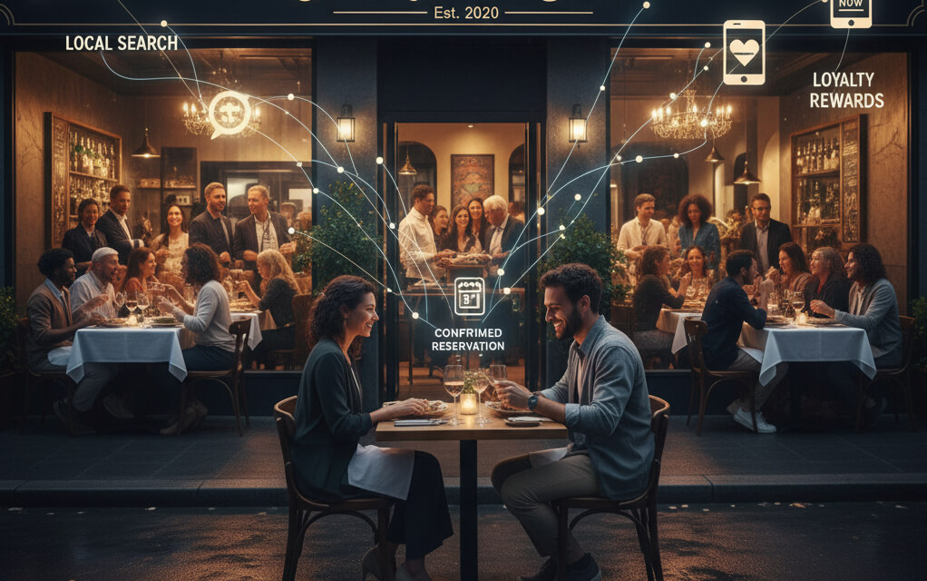 Restaurant owner reviewing SEO analytics and keyword rankings on a laptop