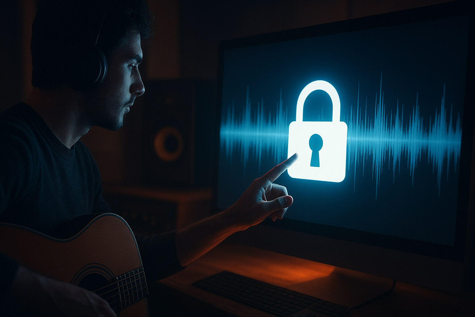 Musician protecting audio waveform from AI theft with a digital lock overlay