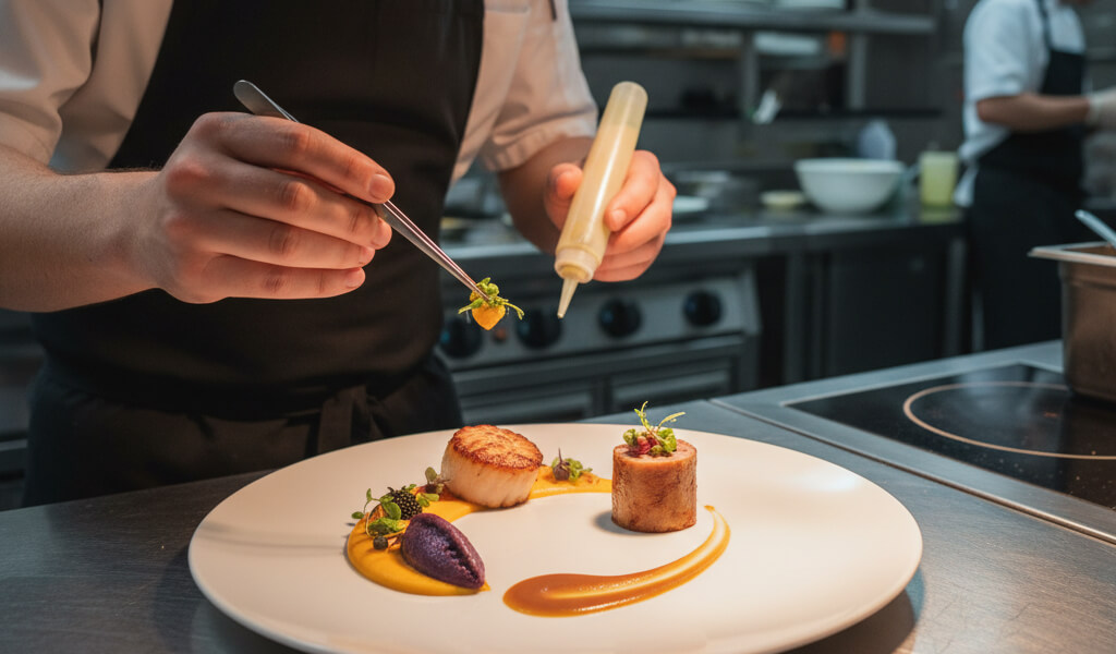 Chef artistically plating a gourmet dish with colorful ingredients in a fine dining kitchen to showcase professional food presentation techniques.