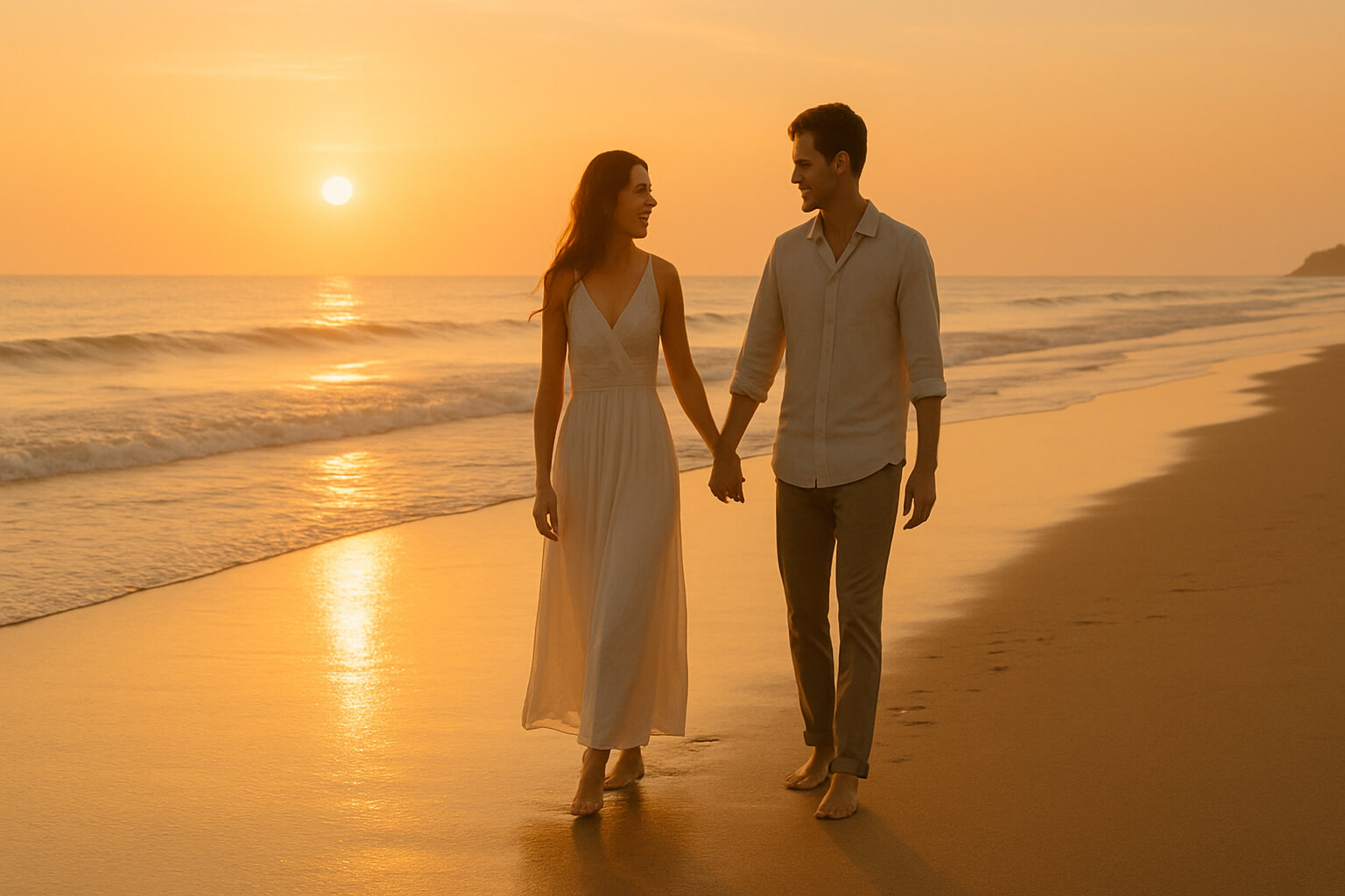 Romantic couple walking hand-in-hand along a beach at sunset.
