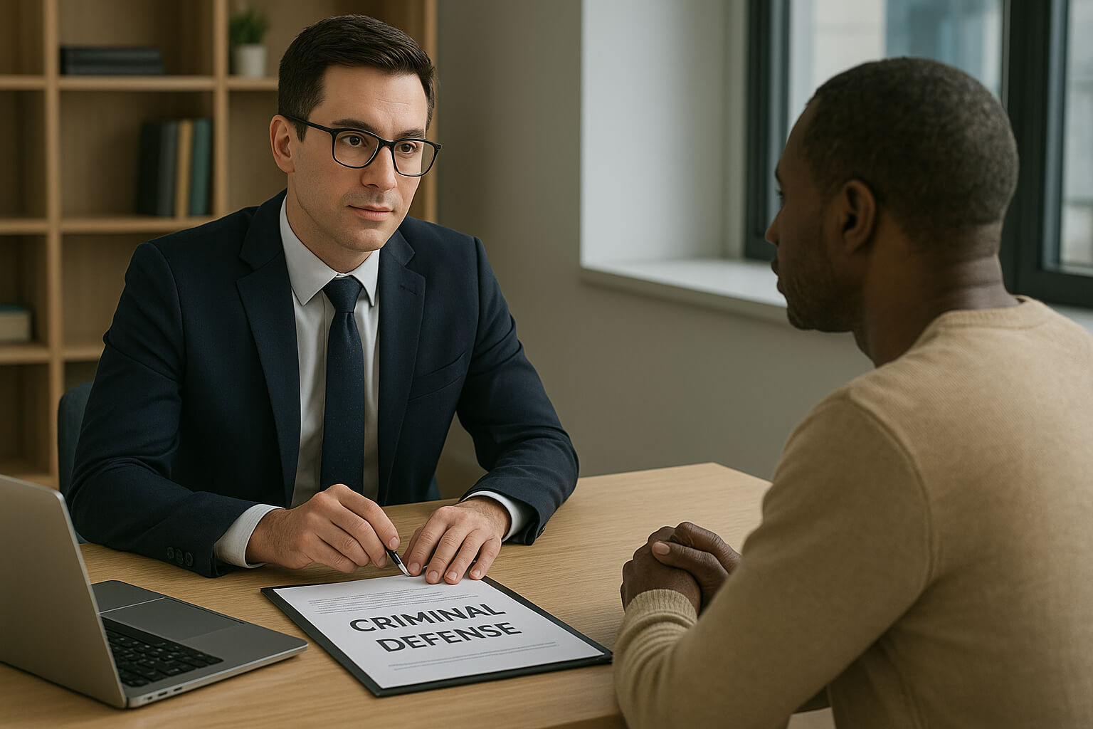 Criminal defense lawyer meeting with a client in a modern law office, reviewing legal documents and strategy.