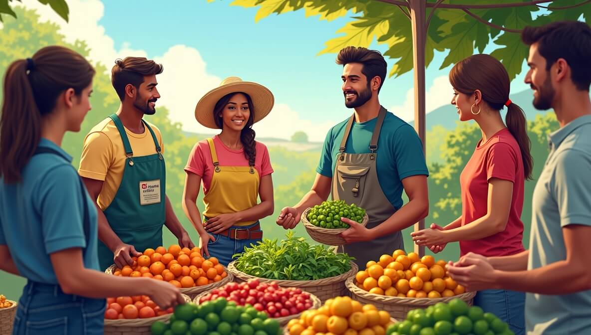 Farmers and consumers engaged in fair trade practices, highlighting ethical sourcing and sustainable trade.
