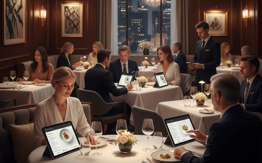 Elegant fine dining restaurant blending digital innovation with luxury service and modern décor.