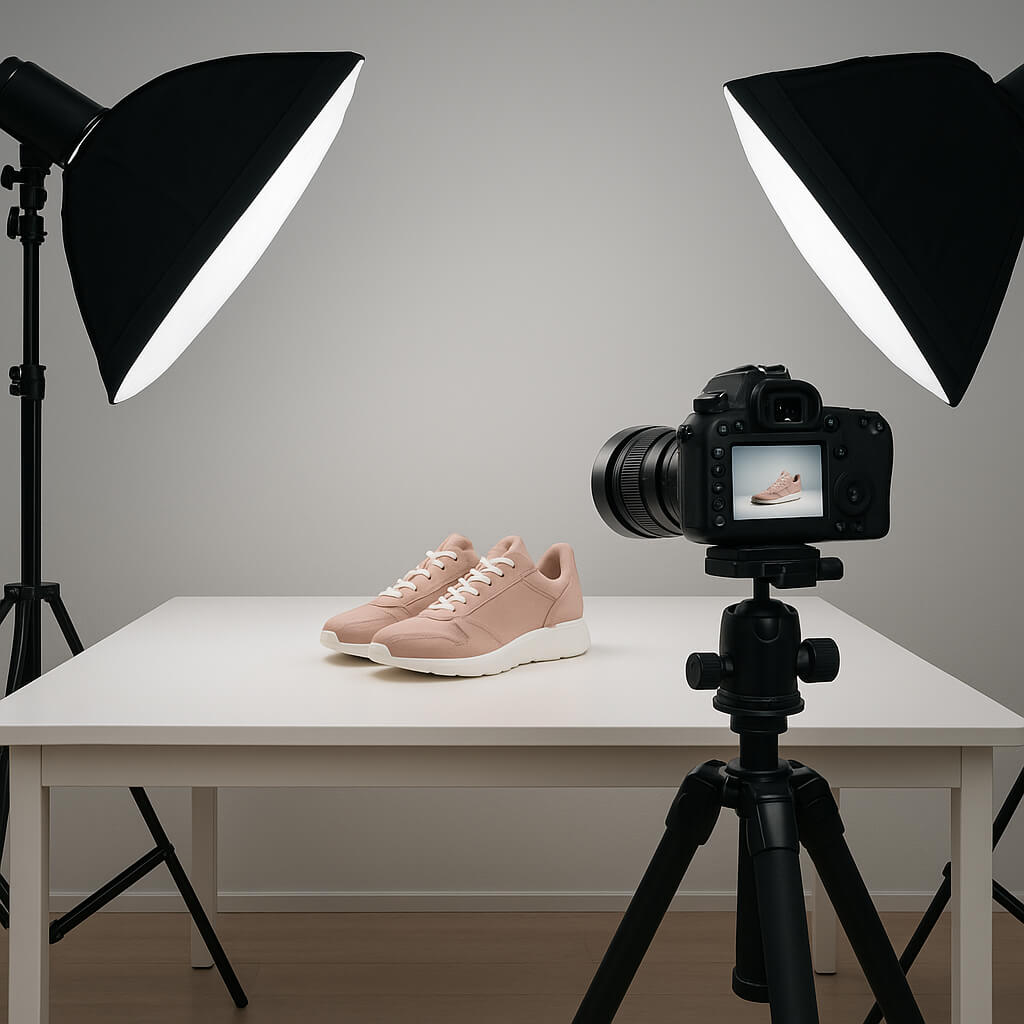 Professional eCommerce photography setup with camera, softbox lights, and product display.