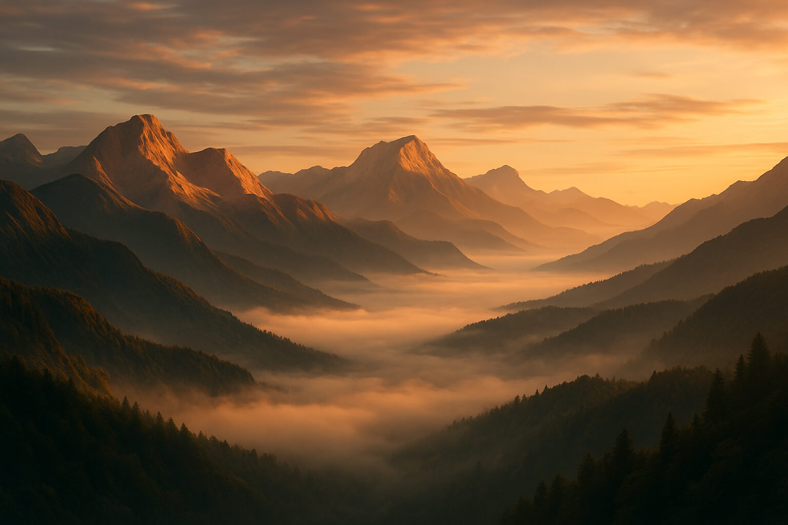 Mountain range at sunrise with golden light and fog-filled valleys.