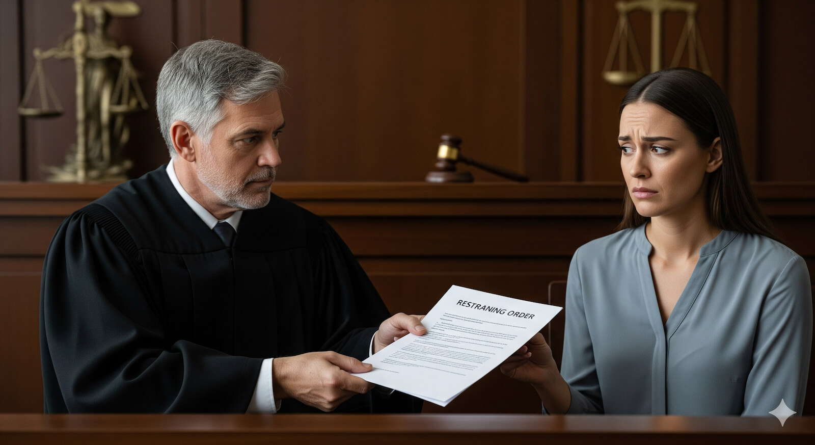 Judge giving a restraining order document to a worried person in a courthouse.