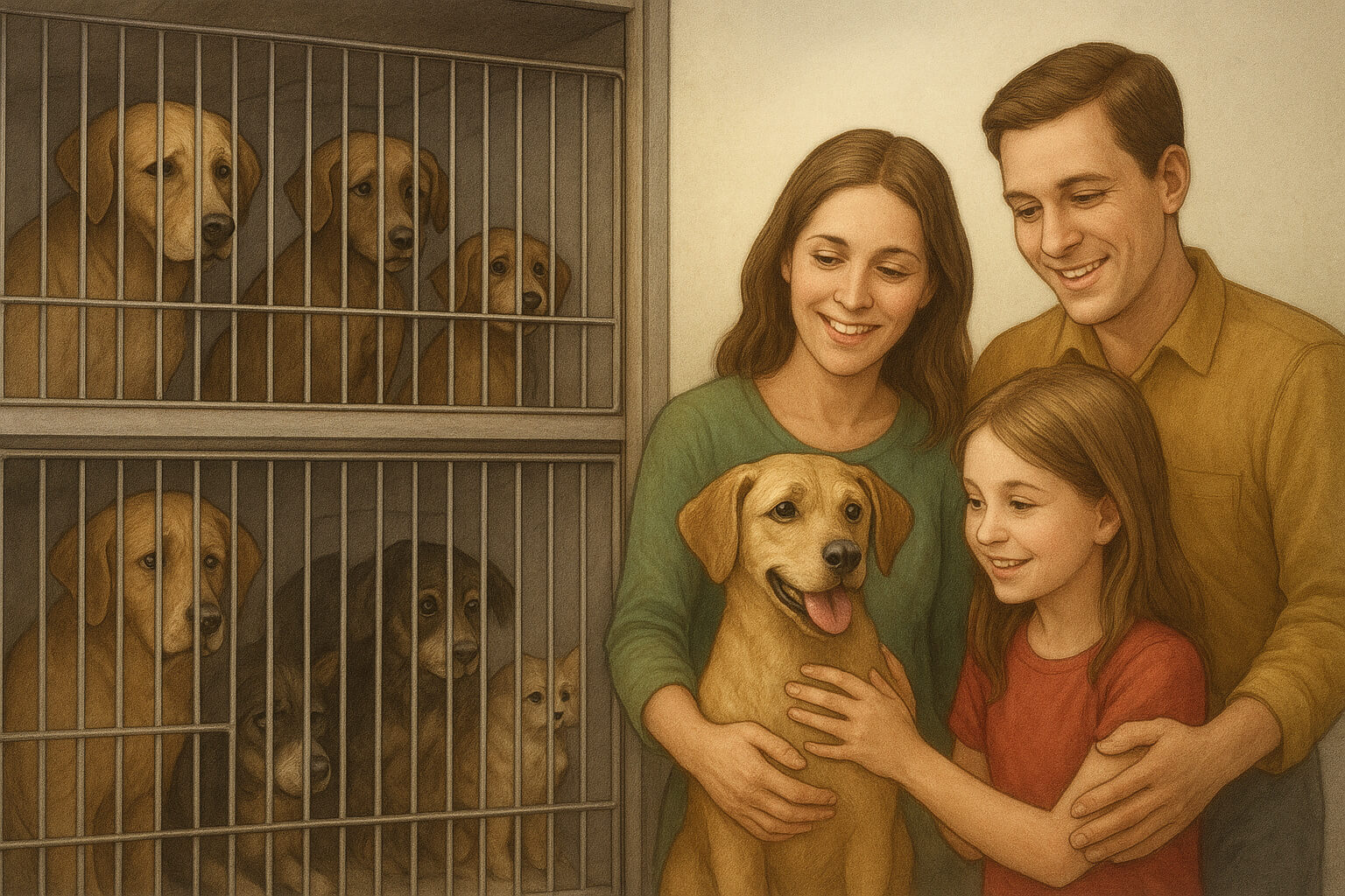 Overcrowded animal shelter with dogs and cats alongside a family adopting a pet, representing the impact of pet overpopulation and solutions through adoption.