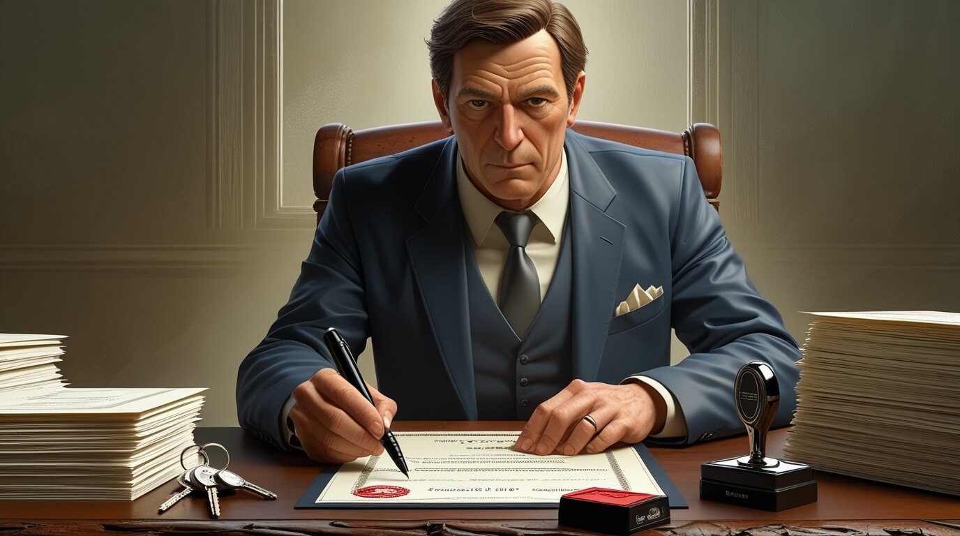 Person signing a quitclaim deed with house keys and legal paperwork on a desk.