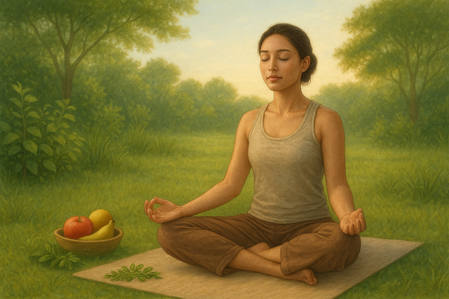 A serene holistic wellness scene showing meditation, yoga, healthy food, and nature, symbolizing balance of mind, body, and spirit.