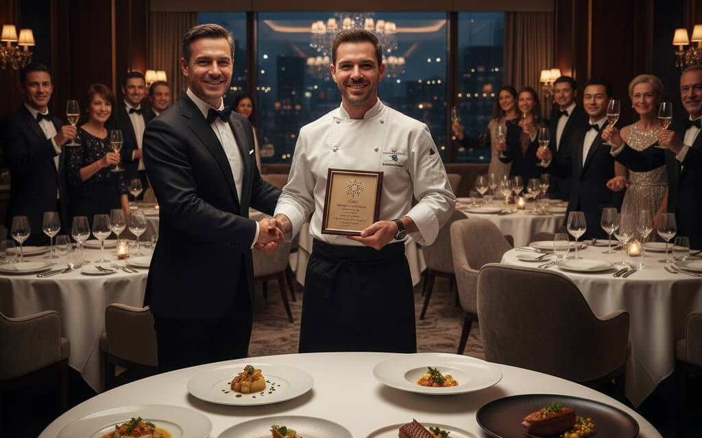 Chef receiving a Michelin star in a luxurious restaurant with elegant dishes and diners enjoying a fine dining experience.