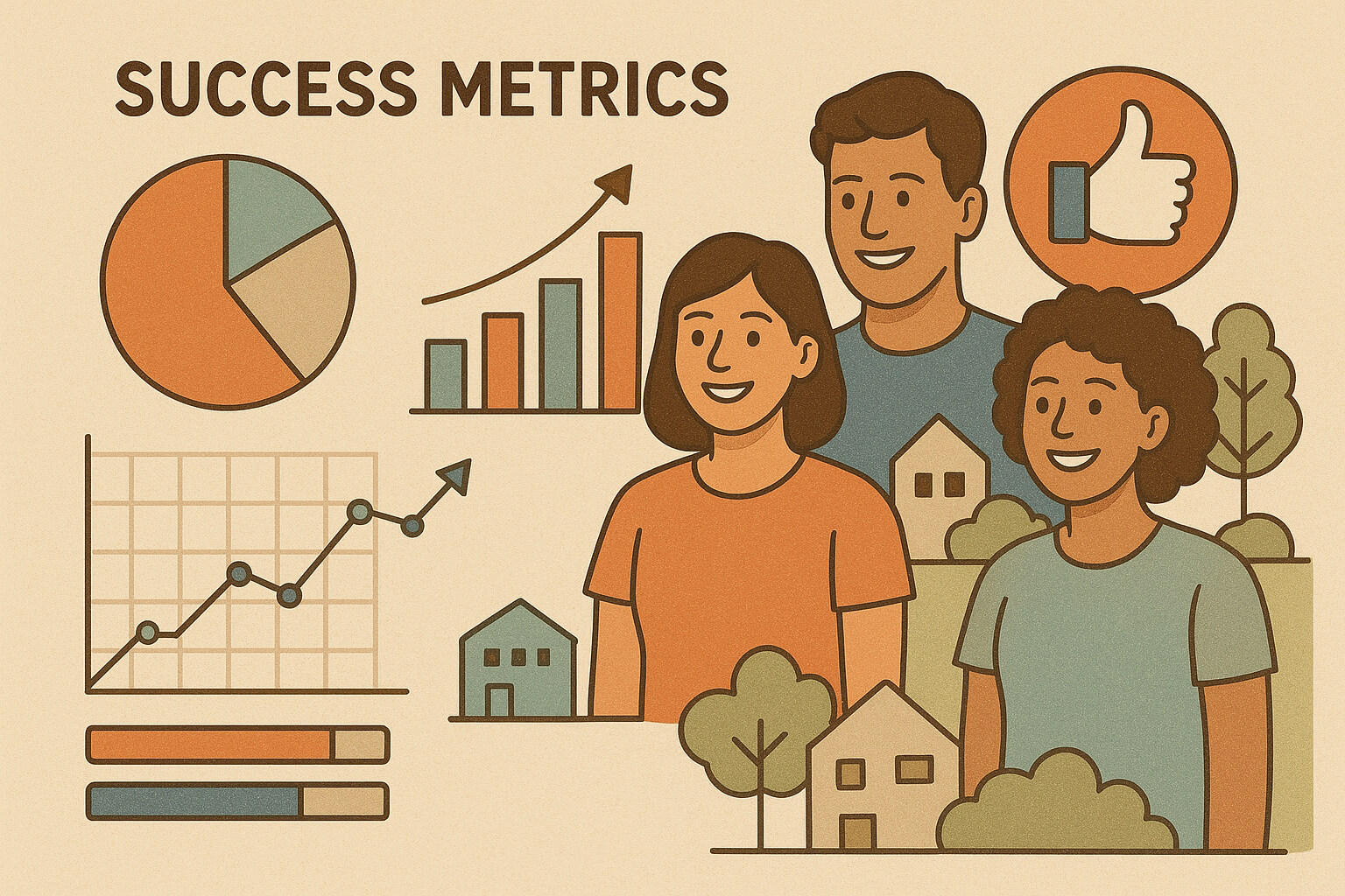 An infographic-style illustration showing charts, community impact icons, and people working together, symbolizing non-profit success beyond money.