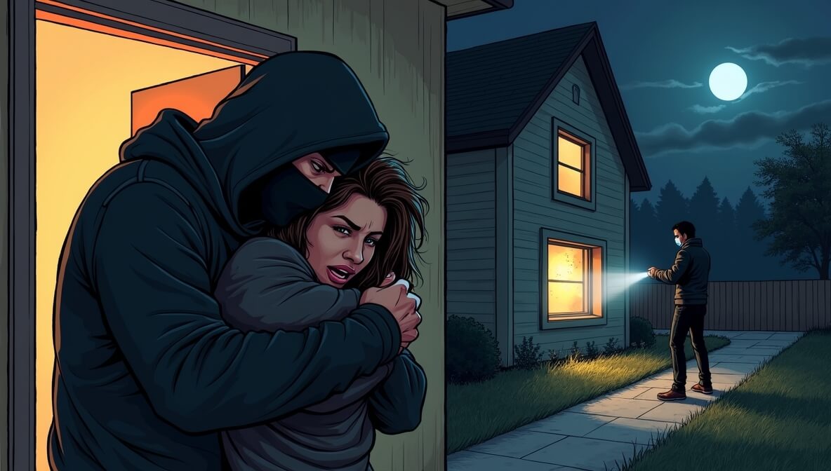 Illustration showing the legal difference between robbery and burglary with distinct crime scenes.