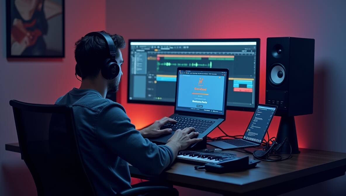A music producer downloading royalty-free music on a laptop in a creative digital studio setup with headphones, MIDI keyboard, and ambient lighting.