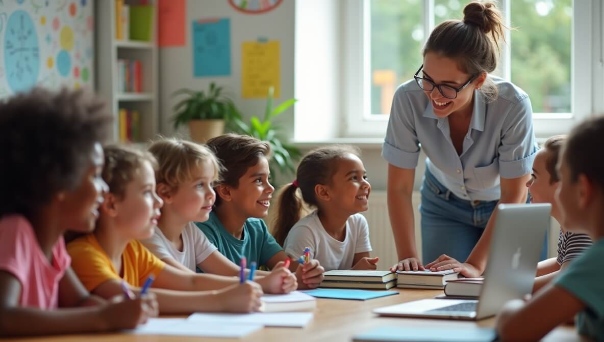 Children from diverse backgrounds studying together in a classroom with a teacher, symbolizing the power of education to transform lives.