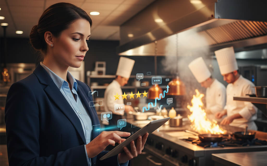 Restaurant manager analyzing customer feedback on a tablet to improve menu and guest experience.