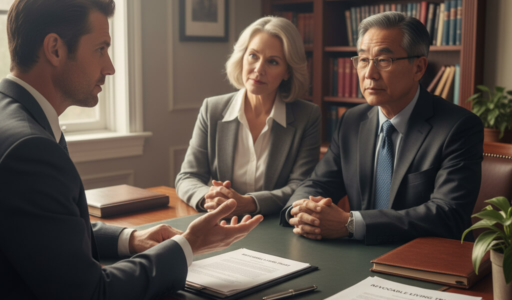 Attorney discussing the details of a revocable trust with clients during an estate planning meeting.