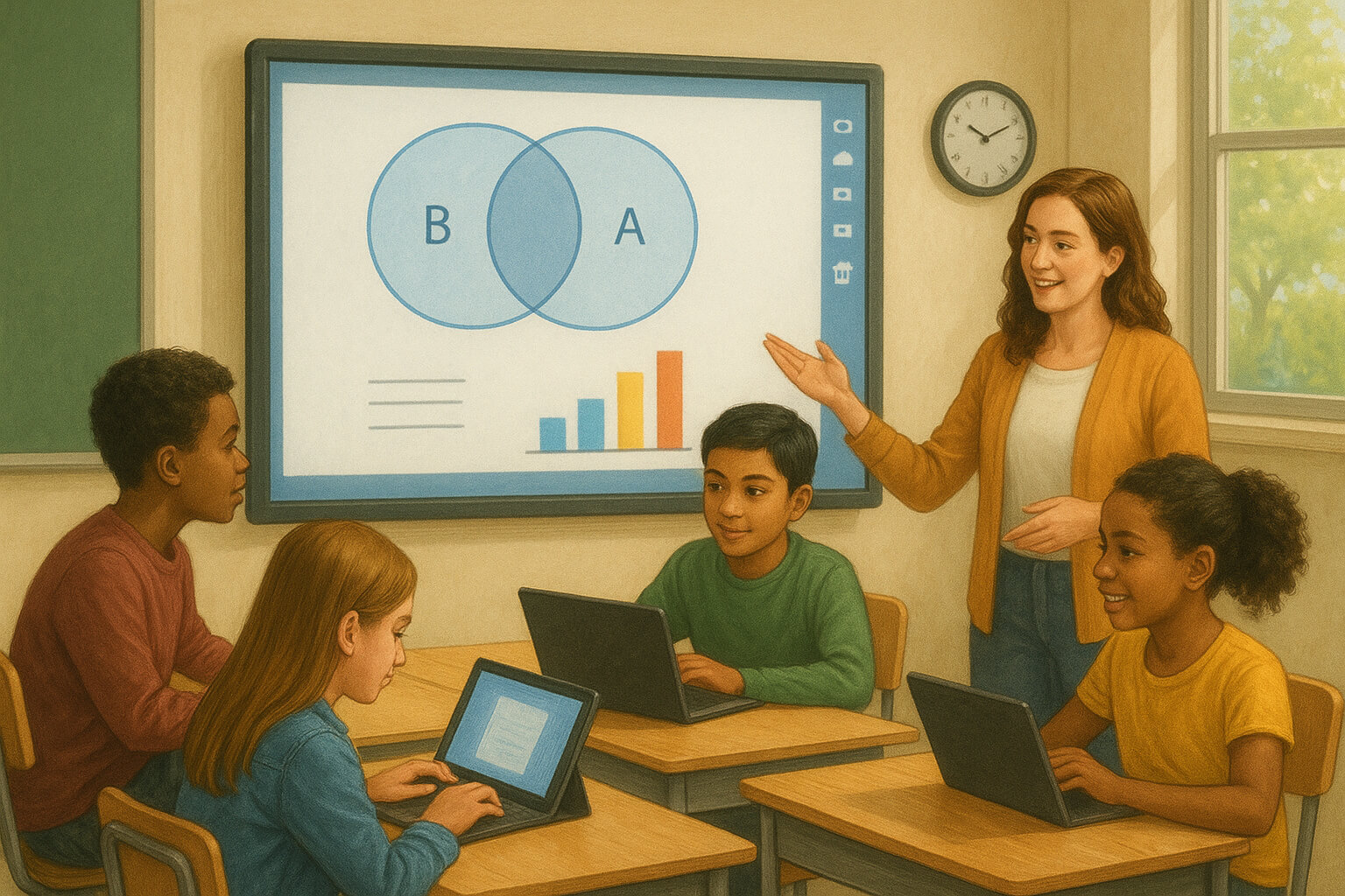 Students using laptops, tablets, and interactive screens in a classroom, showing the impact of technology in modern education.
