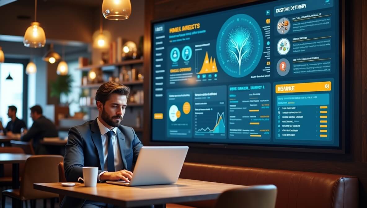 Restaurant manager using AI dashboard to track marketing analytics, customer insights, and online orders in a modern restaurant setting.