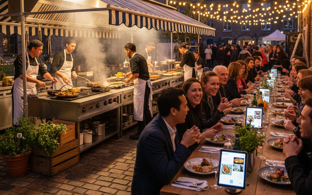 Pop-up restaurant with chefs cooking, diners at communal tables, and QR-based digital menus enhancing the experience.