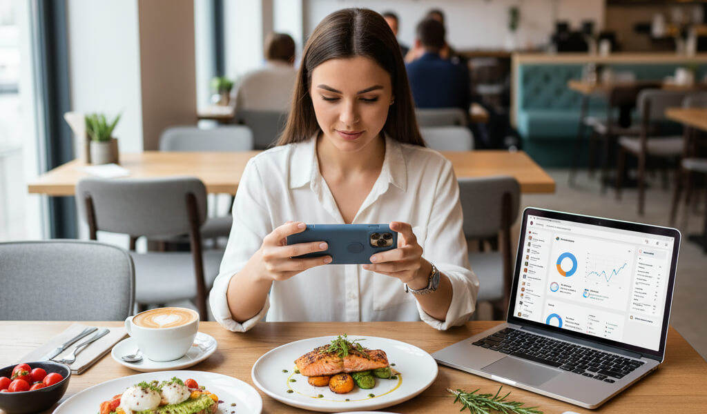 Social media manager capturing restaurant dishes for marketing growth