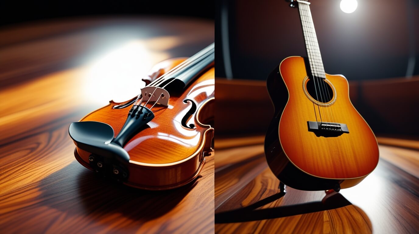 Violin vs acoustic guitar comparison on stage.
