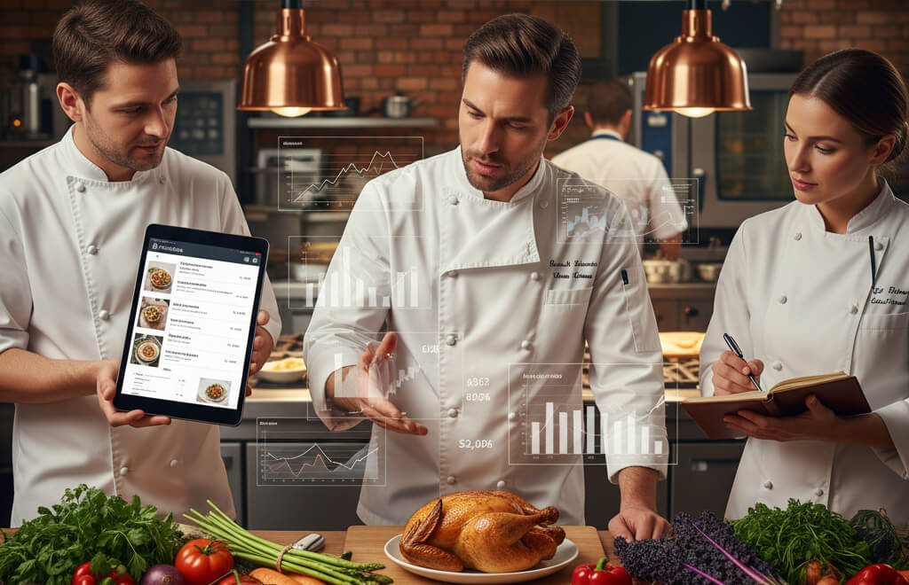 Chefs planning a seasonal menu with fresh ingredients and digital tools in a restaurant kitchen.