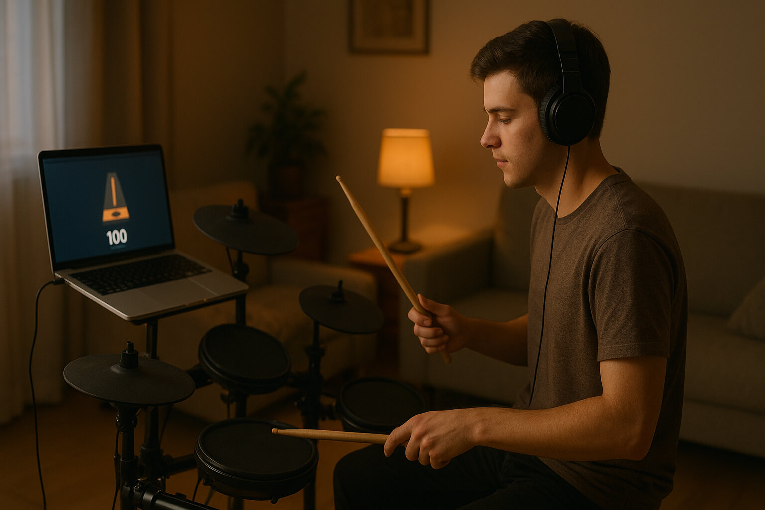 Beginner practicing on an electronic drum kit while following an online lesson on a laptop.
