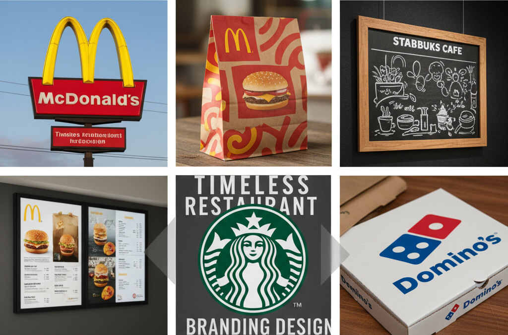 Collage of iconic restaurant logos like McDonald’s, Starbucks, and Domino’s representing timeless branding design