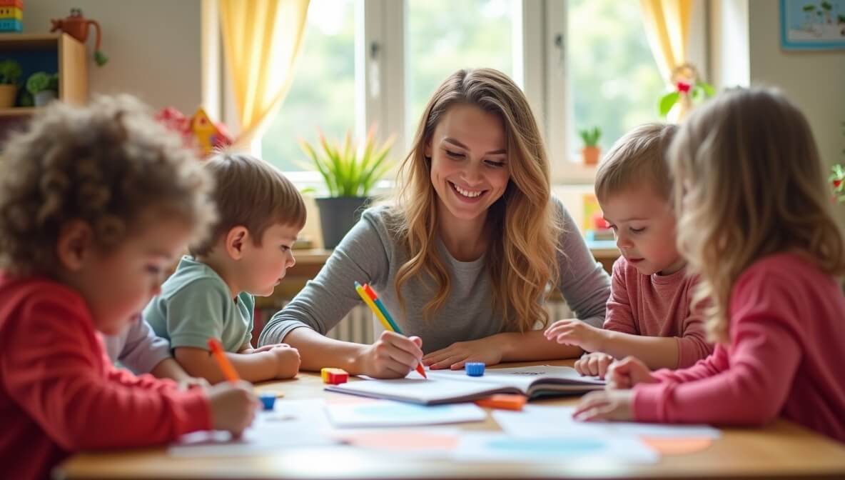 Teacher guiding young children in a colorful preschool classroom, highlighting the importance of early childhood education.