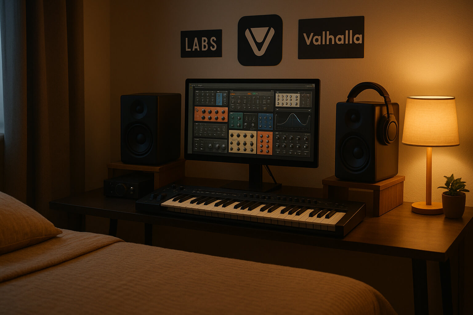 Home studio with free VST plugins on screen and MIDI keyboard on desk.