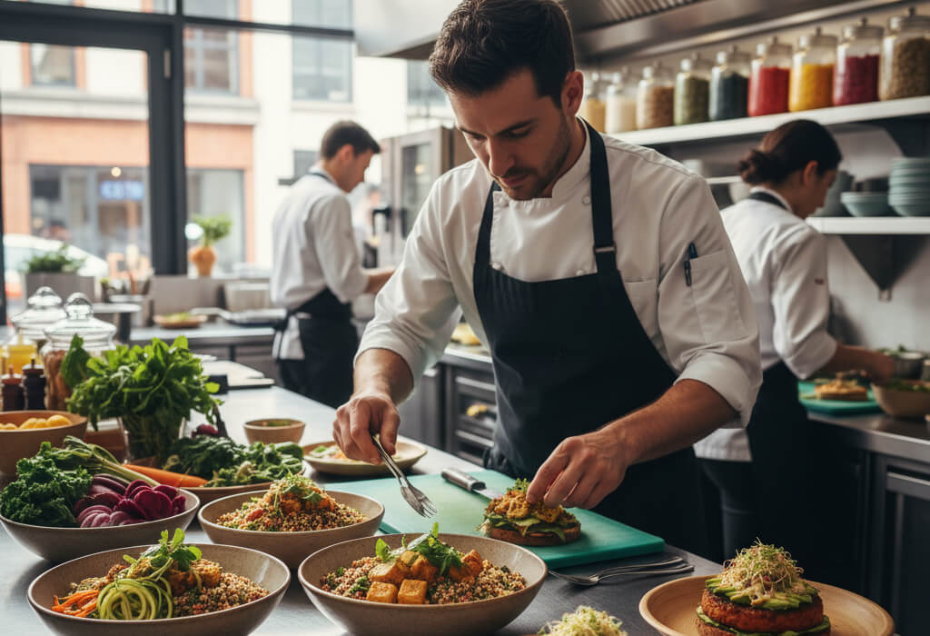 Chef preparing colorful vegan dishes in a modern restaurant, showcasing how plant-based cuisine is reshaping menus.
